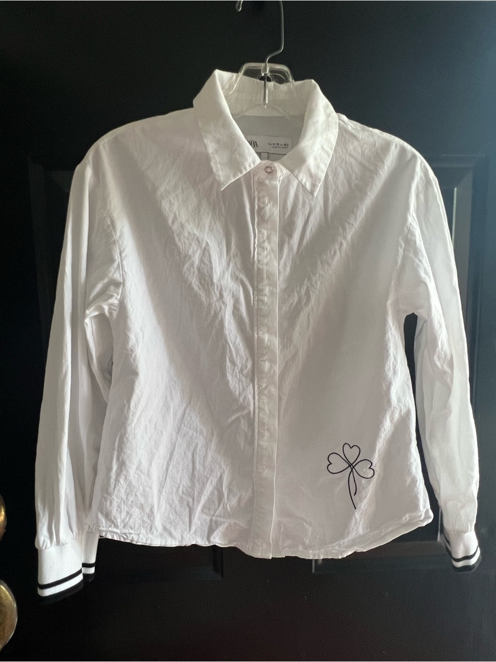 Zara White Button-Down Shirt with Clover Outline